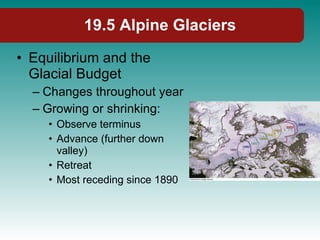 19.5 Alpine Glaciers Equilibrium and the Glacial Budget Changes throughout year Growing or shrinking: Observe terminus Advance (further down valley) Retreat Most receding since 1890 