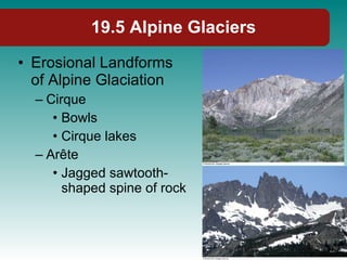 19.5 Alpine Glaciers Erosional Landforms of Alpine Glaciation Cirque Bowls Cirque lakes Arête Jagged sawtooth-shaped spine of rock 