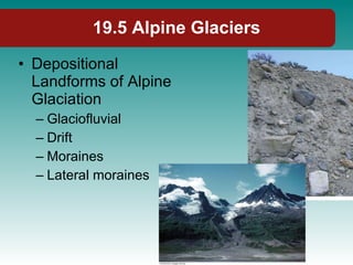 19.5 Alpine Glaciers Depositional Landforms of Alpine Glaciation Glaciofluvial Drift Moraines Lateral moraines 