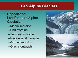 19.5 Alpine Glaciers Depositional Landforms of Alpine Glaciation Medial moraine End moraine Terminal moraine Recessional moraine Ground moraine Glacial outwash 
