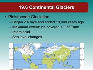 19.6 Continental Glaciers Pleistocene Glaciation Began 2.4 mya and ended 10,000 years ago Maximum extent: ice covered 1/3 of Earth Interglacial Sea level changes 