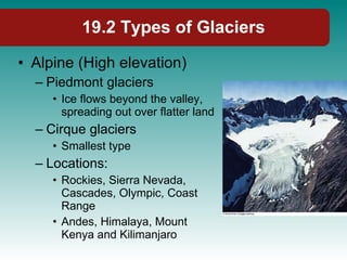 19.2 Types of Glaciers Alpine (High elevation) Piedmont glaciers Ice flows beyond the valley, spreading out over flatter land Cirque glaciers Smallest type Locations: Rockies, Sierra Nevada, Cascades, Olympic, Coast Range Andes, Himalaya, Mount Kenya and Kilimanjaro 
