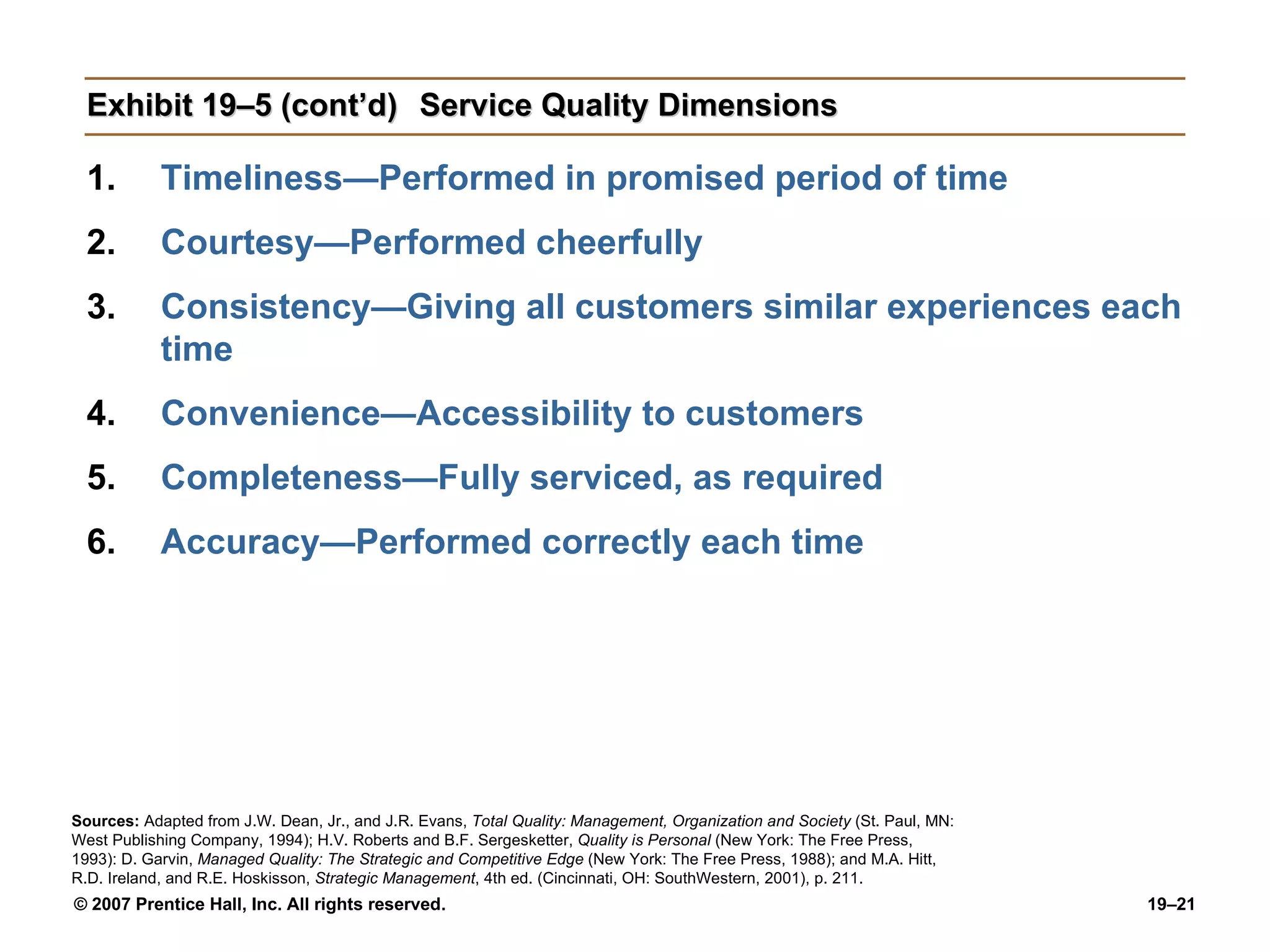 Exhibit 19–5 (cont’d) Service Quality Dimensions Timeliness—Performed in promised period of time Courtesy—Performed cheerfully Consistency—Giving all customers similar experiences each time Convenience—Accessibility to customers Completeness—Fully serviced, as required Accuracy—Performed correctly each time Sources:   Adapted from J.W. Dean, Jr., and J.R. Evans,  Total Quality: Management, Organization and Society  (St. Paul, MN: West Publishing Company, 1994); H.V. Roberts and B.F. Sergesketter,  Quality is Personal  (New York: The Free Press, 1993): D. Garvin,  Managed Quality: The Strategic and Competitive Edge  (New York: The Free Press, 1988); and M.A. Hitt, R.D. Ireland, and R.E. Hoskisson,  Strategic Management , 4th ed. (Cincinnati, OH: SouthWestern, 2001), p. 211. 