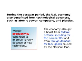 During the postwar period, the U.S. economy
also benefitted from technological advances,
such as atomic power, computers, and plastics.

Worker
productivity
continued to
improve, largely
because of new
technology.

The economy also got
a boost from federal
defense spending for
the Korean War and
from foreign demand
for U.S. goods caused
by the Marshall Plan.

 