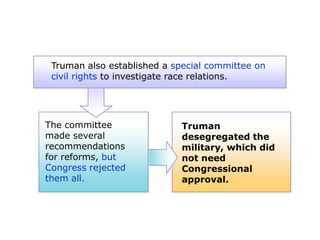 Truman also established a special committee on
civil rights to investigate race relations.

The committee
made several
recommendations
for reforms, but
Congress rejected
them all.

Truman
desegregated the
military, which did
not need
Congressional
approval.

 