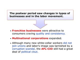 The postwar period saw changes in types of
businesses and in the labor movement.

•

Franchise businesses were attractive to
consumers craving quality and consistency.

•

Multinational corporations expanded.

•

Although many new white-collar workers did not
join unions and labor’s image was tarnished by a
corruption scandal, the AFL-CIO still had a great
deal of political clout.

 