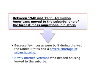 Between 1940 and 1960, 40 million
Americans moved to the suburbs, one of
the largest mass migrations in history.

• Because few houses were built during the war,
the United States had a severe shortage of
urban housing.
• Newly married veterans who needed housing
looked to the suburbs.

 