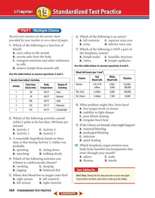 Record your answers on the answer sheet
provided by your teacher or on a sheet of paper.
1. Which of the following is a function of
blood?
A. carry saliva to the mouth
B. excrete salts from the body
C. transport nutrients and other substances
to cells
D. remove lymph from around cells
Use the table below to answer questions 2 and 3.
2. Which of the following activities caused
Ashley’s pulse to be less than 100 beats per
minute?
A. Activity 2 C. Activity 4
B. Activity 3 D. Activity 5
3. A reasonable hypothesis based on these
data, is that during Activity 2, Ashley was
probably
A. sprinting C. sitting down
B. marching D. walking slowly
4. Which of the following activities con-
tributes to cardiovascular disease?
A. smoking C. sleeping
B. jogging D. balanced diet
5. Where does blood low in oxygen enter first?
A. right atrium C. left ventricle
B. left atrium D. right ventricle
6. Which of the following is an artery?
A. left ventricle C. superior vena cava
B. aorta D. inferior vena cava
7. Which of the following is NOT a part of
the lymphatic system?
A. lymph nodes C. heartlike structure
B. valves D. lymph capillaries
Use the table below to answer questions 8 and 9.
8. What problem might Mrs. Stein have?
A. low oxygen levels in tissues
B. inability to fight disease
C. poor blood clotting
D. irregular heart beat
9. If Mr.Chavez cut himself,what might happen?
A. minimal bleeding
B. prolonged bleeding
C. infection
D. quick healing
10. Which lymphatic organ protects your
body from harmful microorganisms that
enter through your mouth?
A. spleen C. node
B. thymus D. tonsils
564 STANDARDIZED TEST PRACTICE
Don’t Stray During the test, keep your eyes on your own paper.
If you need to rest them, close them or look up at the ceiling.
ResultsfromAshley’sActivities
Activity
PulseRate
(beats/min)
Body
Temperature
Degreeof
Sweating
1 80 98.6°F None
2 90 98.8°F Minimal
3 100 98.9°F Little
4 120 99.1°F Moderate
5 150 99.5°F Considerable
BloodCellCounts(per1mm3)
Patient
Red
BloodCells
White
BloodCells
Platelets
Normal 3.58–4.99
million
3,400–
9,600
162,000–
380,000
Mrs.Stein 3million 8,000 400,000
Mr.Chavez 5million 7,500 50,000
423-CR-MSS05_GLS 8/16/04 10:04 AM Page 564
 