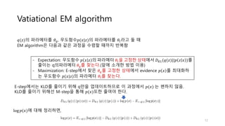 Vatiational EM algorithm
𝑞(𝑧)의 파라메터를 𝜃 𝑞, 우도함수𝑝(𝑥|𝑧)의 파라메터를 𝜃𝑙라고 둘 때
EM algorithm은 다음과 같은 과정을 수렴할 때까지 반복함
E-step에서는 KLD를 줄이기 위해 q만을 업데이트하므로 이 과정에서 𝑝(𝑥) 는 변하지 않음.
KLD를 줄이기 위해선 M-step을 통해 𝑝(𝑥)또한 줄여야 한다.
log 𝑝(𝑥)에 대해 정리하면,
- Expectation: 우도함수 𝑝 𝑥 𝑧 의 파라메터 𝜃𝑙을 고정한 상태에서 𝐷 𝐾𝐿(𝑞(𝑧)||𝑝 𝑧 𝑥 )를
줄이는 q의파라메터 𝜃 𝑞를 찾는다.(앞에 소개한 방법 이용)
- Maximization: E-step에서 찾은 𝜃 𝑞를 고정한 상태에서 evidence 𝑝 𝑥 를 최대화하
는 우도함수 𝑝(𝑥|𝑧)의 파라메터 𝜃𝑙를 찾는다.
12
 