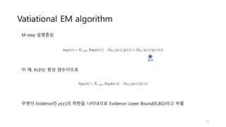 Vatiational EM algorithm
이 때, KLD는 항상 양수이므로
우변이 Evidence인 𝑝(𝑥)의 하한을 나타내므로 Evidence Lower Bound(ELBO)라고 부름
양수
M-step 설명중임
13
 