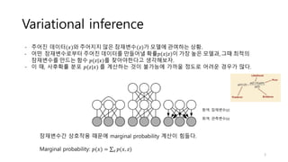 Variational inference
흰색: 잠재변수(z)
회색: 관측변수(x)
- 주어진 데이터(𝑥)와 주어지지 않은 잠재변수(𝑧)가 모델에 관여하는 상황.
- 어떤 잠재변수로부터 주어진 데이터를 만들어낼 확률𝑝(𝑥|𝑧)이 가장 높은 모델과, 그때 최적의
잠재변수를 만드는 함수 𝑝(𝑧|𝑥)를 찾아야한다고 생각해보자.
- 이 때, 사후확률 분포 𝑝(𝑧|𝑥) 를 계산하는 것이 불가능에 가까울 정도로 어려운 경우가 많다.
잠재변수간 상호작용 때문에 marginal probability 계산이 힘들다.
Marginal probability: 𝑝(𝑥) = σ 𝑧 𝑝(𝑥, 𝑧)
3
 