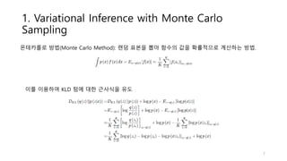 1. Variational Inference with Monte Carlo
Sampling
몬테카를로 방법(Monte Carlo Method): 랜덤 표본을 뽑아 함수의 값을 확률적으로 계산하는 방법.
이를 이용하여 KLD 텀에 대한 근사식을 유도
7
 
