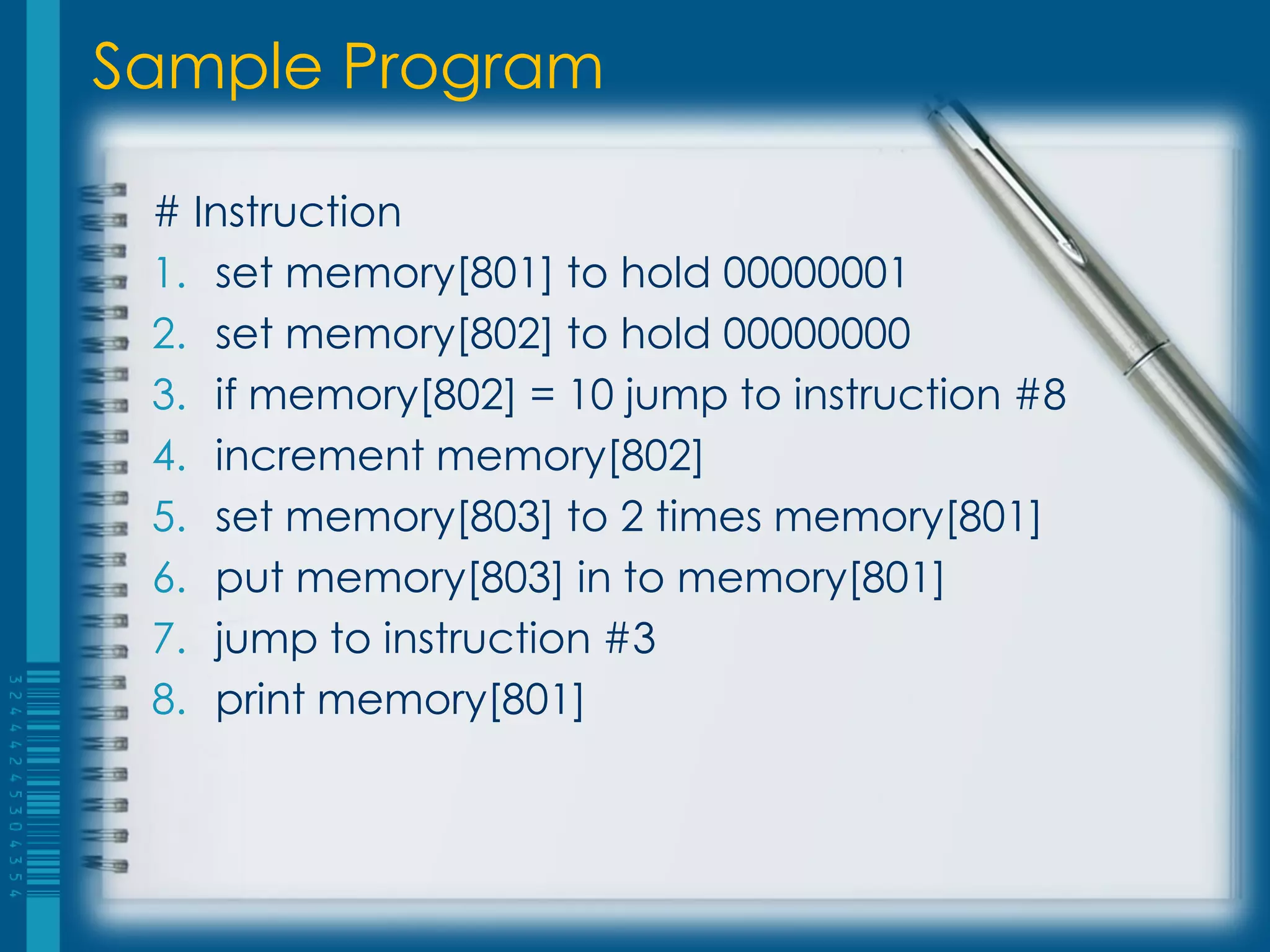 Sample Program
# Instruction
1. set memory[801] to hold 00000001
2. set memory[802] to hold 00000000
3. if memory[802] = 10 jump to instruction #8
4. increment memory[802]
5. set memory[803] to 2 times memory[801]
6. put memory[803] in to memory[801]
7. jump to instruction #3
8. print memory[801]
 