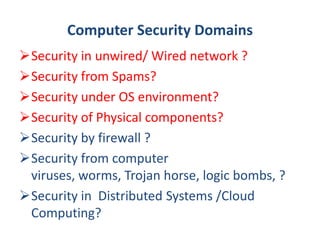 Computer Security Domains
Security in unwired/ Wired network ?
Security from Spams?
Security under OS environment?
Security of Physical components?
Security by firewall ?
Security from computer
viruses, worms, Trojan horse, logic bombs, ?
Security in Distributed Systems /Cloud
Computing?
 
