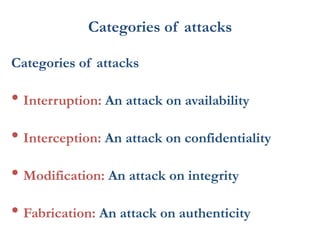 Categories of attacks
Categories of attacks
• Interruption: An attack on availability
• Interception: An attack on confidentiality
• Modification: An attack on integrity
• Fabrication: An attack on authenticity
 