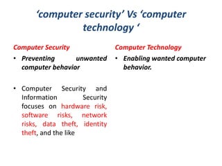 ‘computer security’ Vs ‘computer
technology ‘
Computer Security
• Preventing unwanted
computer behavior
• Computer Security and
Information Security
focuses on hardware risk,
software risks, network
risks, data theft, identity
theft, and the like
Computer Technology
• Enabling wanted computer
behavior.
 