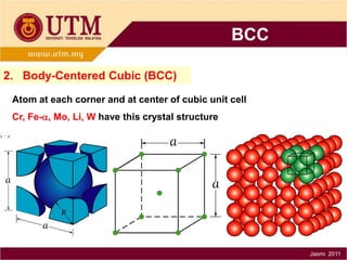 BCC
2. Body-Centered Cubic (BCC)
Atom at each corner and at center of cubic unit cell
Cr, Fe-, Mo, Li, W have this crystal structure

Jasmi 2011

 