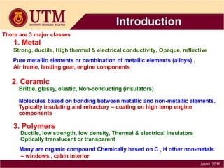 Introduction
There are 3 major classes

1. Metal
Strong, ductile, High thermal & electrical conductivity, Opaque, reflective
Pure metallic elements or combination of metallic elements (alloys) .
Air frame, landing gear, engine components

2. Ceramic
Brittle, glassy, elastic, Non-conducting (insulators)

Molecules based on bonding between metallic and non-metallic elements.
Typically insulating and refractory – coating on high temp engine
components

3. Polymers
Ductile, low strength, low density, Thermal & electrical insulators
Optically translucent or transparent
Many are organic compound Chemically based on C , H other non-metals
– windows , cabin interior
Jasmi 2011

 