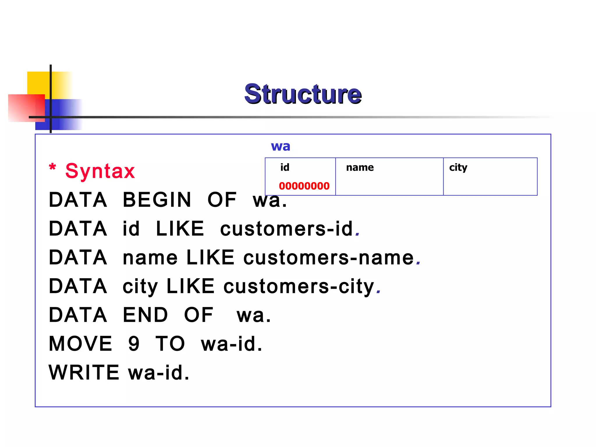 Structure * Syntax DATA  BEGIN  OF  wa. DATA   id  LIKE  customers-id .  DATA   name LIKE customers-name . DATA   city LIKE customers-city .  DATA  END  OF  wa. MOVE  9  TO  wa-id. WRITE wa-id. id city wa 00000000 name 