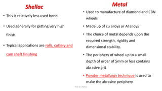 Shellac
• This is relatively less used bond
• Used generally for getting very high
finish.
• Typical applications are rolls, cutlery and
cam shaft finishing
Metal
• Used to manufacture of diamond and CBN
wheels
• Made up of cu alloys or Al alloys
• The choice of metal depends upon the
required strength, rigidity and
dimensional stability.
• The periphery of wheel up to a small
depth of order of 5mm or less contains
abrasive grit
• Powder metallurgy technique is used to
make the abrasive periphery
Prof. S.S.Petkar
 