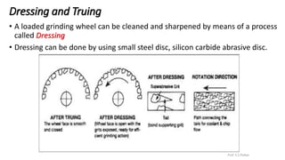 Dressing and Truing
• A loaded grinding wheel can be cleaned and sharpened by means of a process
called Dressing
• Dressing can be done by using small steel disc, silicon carbide abrasive disc.
Prof. S.S.Petkar
 