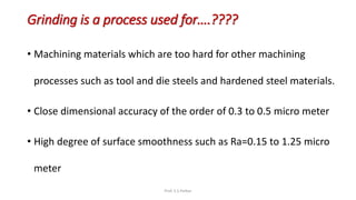 Grinding is a process used for….????
• Machining materials which are too hard for other machining
processes such as tool and die steels and hardened steel materials.
• Close dimensional accuracy of the order of 0.3 to 0.5 micro meter
• High degree of surface smoothness such as Ra=0.15 to 1.25 micro
meter
Prof. S.S.Petkar
 