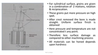 • For cylindrical surface, grains are given
in a combination of 2 motions, rotation
& reciprocation.
• These grains put more pressure on high
spot.
• After crest removed the bore is made
straight. Uniform surface finish is
obtained
• Here pressure and temperature are not
concentrated t any point.
• Therefore less surface damage as
compared to other machining process
• All materials can be honed depends
upon hardness
Prof. S.S.Petkar
 
