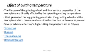 Effect of cutting temperature
• The lifespan of the grinding wheel and final surface properties of the
workpiece are directly affected by the operating cutting temperature.
• Heat generated during grinding penetrates the grinding wheel and the
workpiece which can cause dimensional errors due to thermal expansion
• Several adverse effects of a high cutting temperature are as follows:
• Tempering
• Burning
• Thermal cracks
• Residual stresses
Prof. S.S.Petkar
 