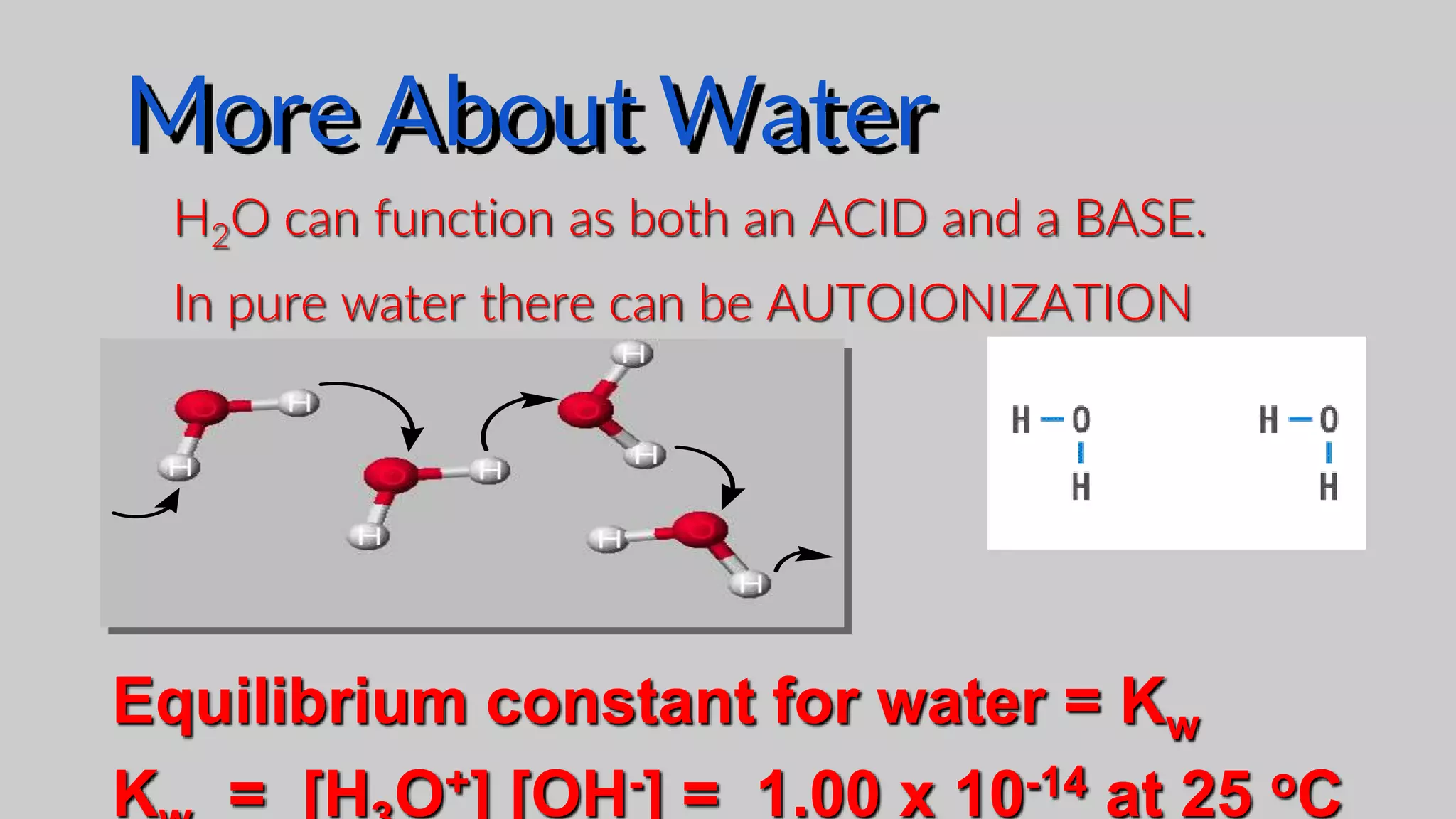 More About Water
H2O can function as both an ACID and a BASE.
In pure water there can be AUTOIONIZATION
Equilibrium constant for water = Kw
K = [H O+] [OH-] = 1.00 x 10-14 at 25 oC
 