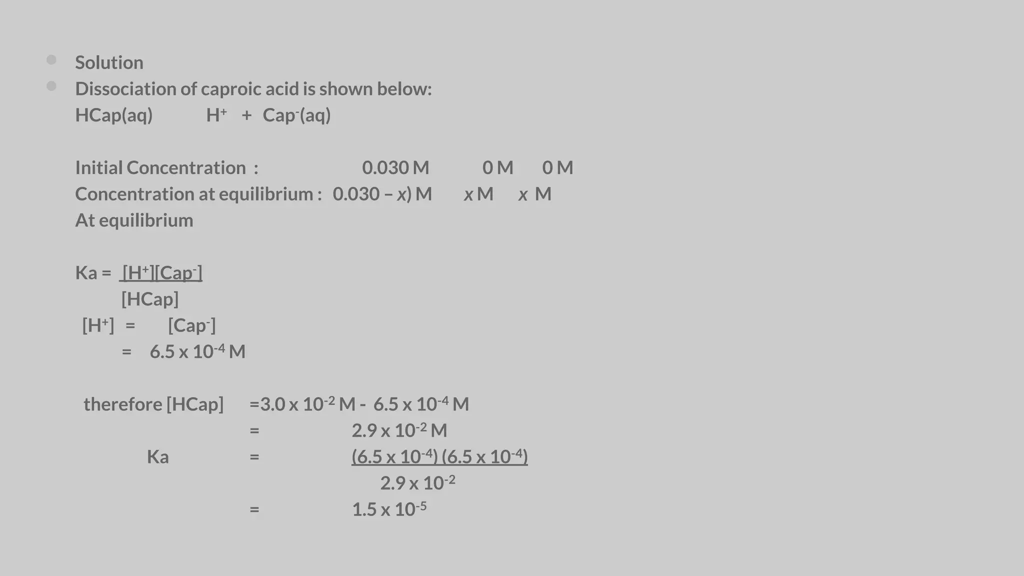  Solution
 Dissociation of caproic acid is shown below:
HCap(aq) H+ + Cap-(aq)
Initial Concentration : 0.030 M 0 M 0 M
Concentration at equilibrium : 0.030 – x) M x M x M
At equilibrium
Ka = [H+][Cap-]
[HCap]
[H+] = [Cap-]
= 6.5 x 10-4 M
therefore [HCap] =3.0 x 10-2 M - 6.5 x 10-4 M
= 2.9 x 10-2 M
Ka = (6.5 x 10-4) (6.5 x 10-4)
2.9 x 10-2
= 1.5 x 10-5
 