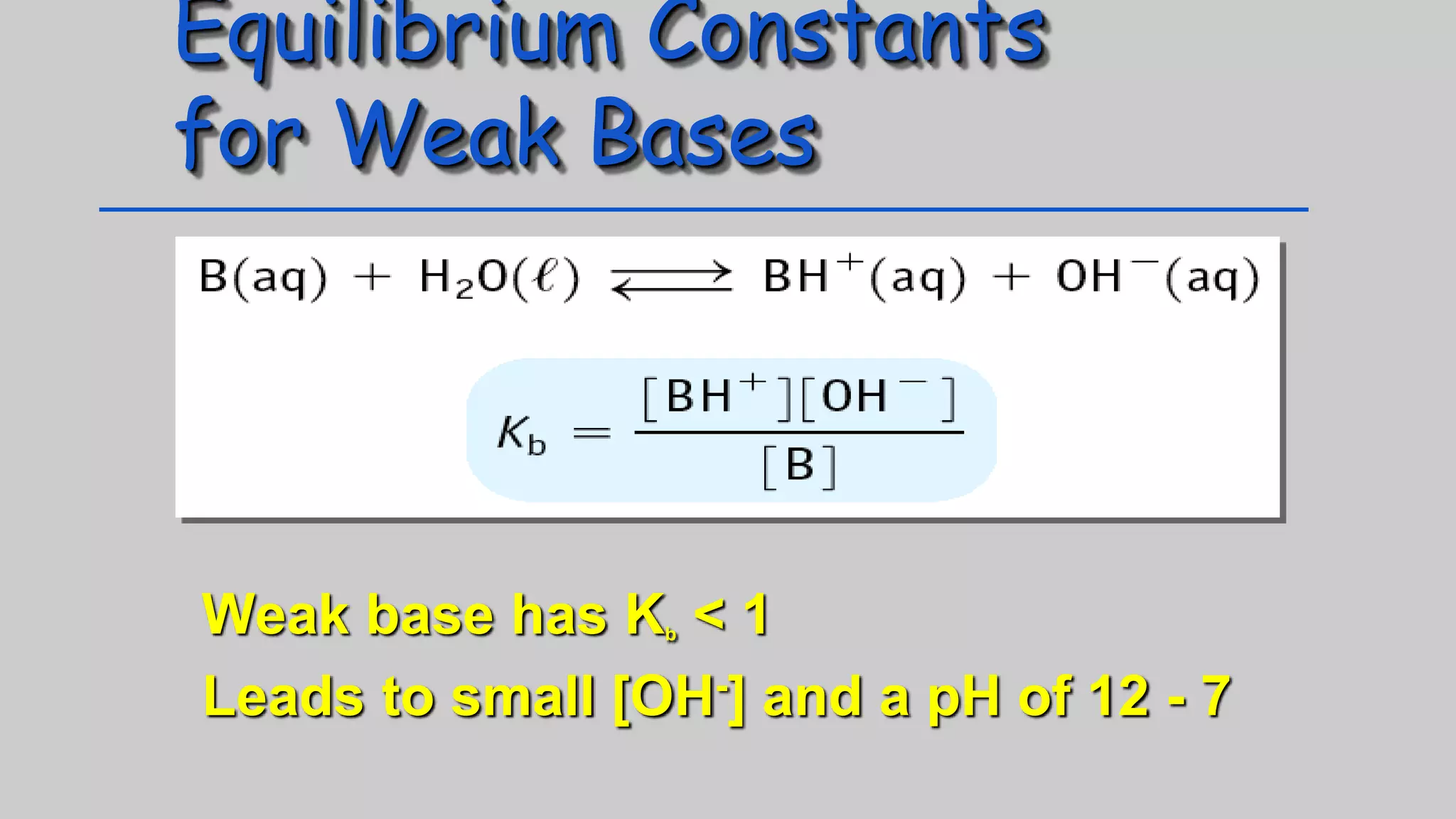 Equilibrium Constants
for Weak Bases
Weak base has Kb < 1
Leads to small [OH-] and a pH of 12 - 7
 