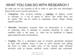 WHAT YOU CAN DO WITH RESEARCH ?
So what can we use research to do in order to gain this new knowledge?
Some of the ways it...