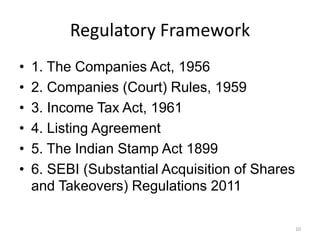 Regulatory Framework
• 1. The Companies Act, 1956
• 2. Companies (Court) Rules, 1959
• 3. Income Tax Act, 1961
• 4. Listing Agreement
• 5. The Indian Stamp Act 1899
• 6. SEBI (Substantial Acquisition of Shares
and Takeovers) Regulations 2011
10
 