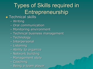 Types of Skills required in
Entrepreneurship
 Technical skills
– Writing
– Oral communication
– Monitoring environment
– Technical business management
– Technology
– Interpersonal
– Listening
– Ability to organize
– Network building
– Management style
– Coaching
– Being a team player
 