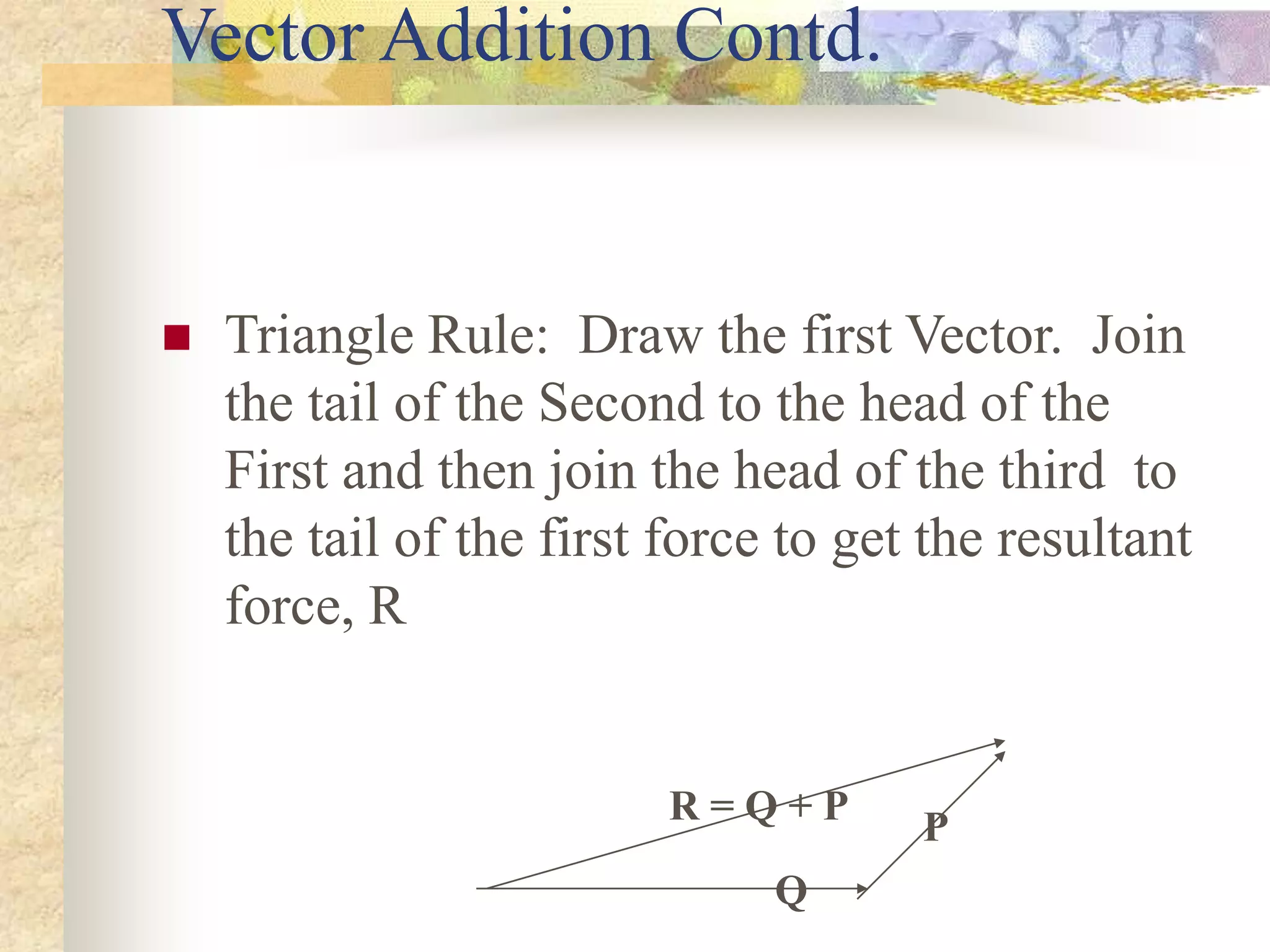 Vector Addition Contd.
 Triangle Rule: Draw the first Vector. Join
the tail of the Second to the head of the
First and then join the head of the third to
the tail of the first force to get the resultant
force, R
Q
P
R = Q + P
 