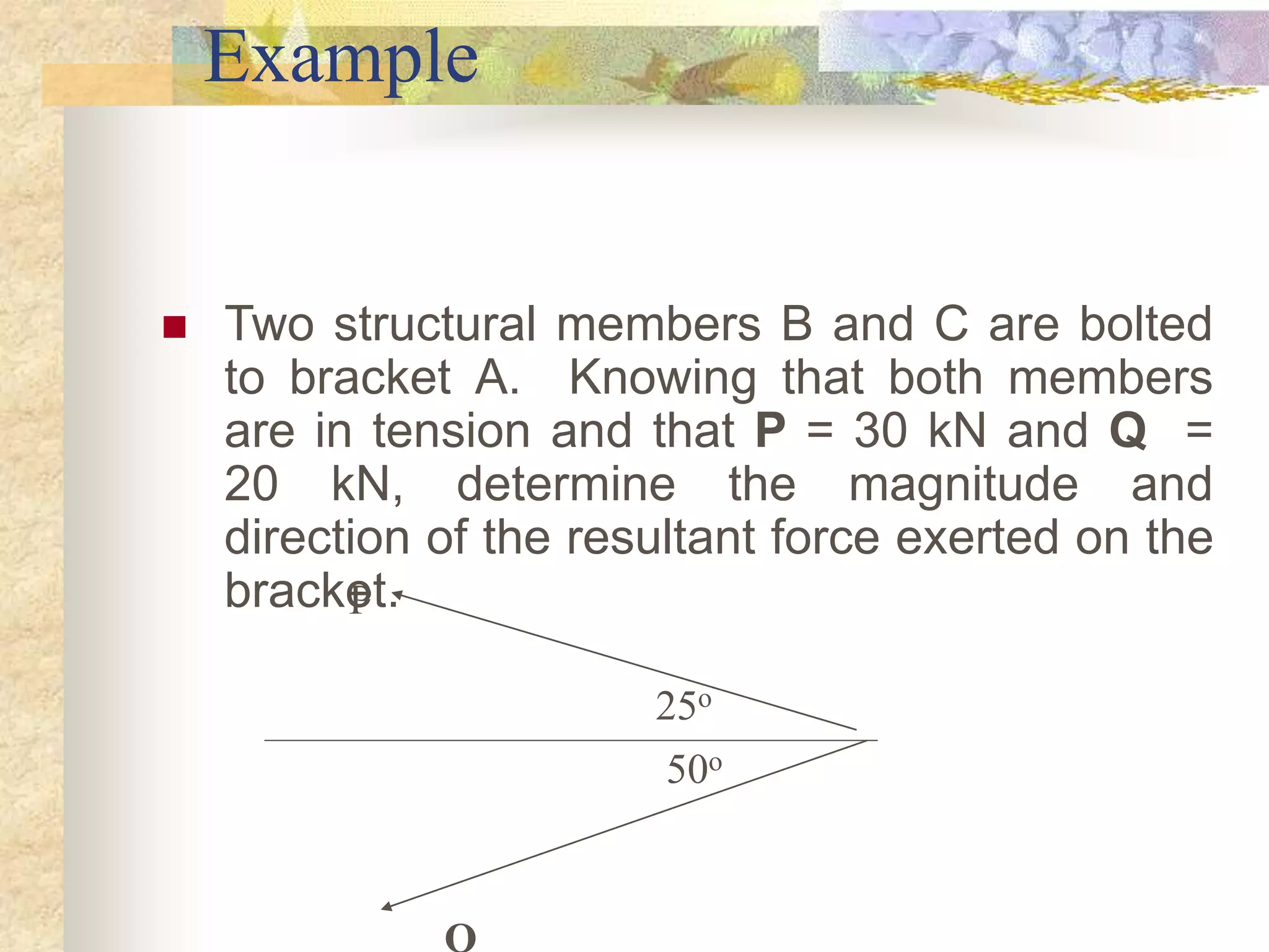 Example
 Two structural members B and C are bolted
to bracket A. Knowing that both members
are in tension and that P = 30 kN and Q =
20 kN, determine the magnitude and
direction of the resultant force exerted on the
bracket.
P
25o
50o
 