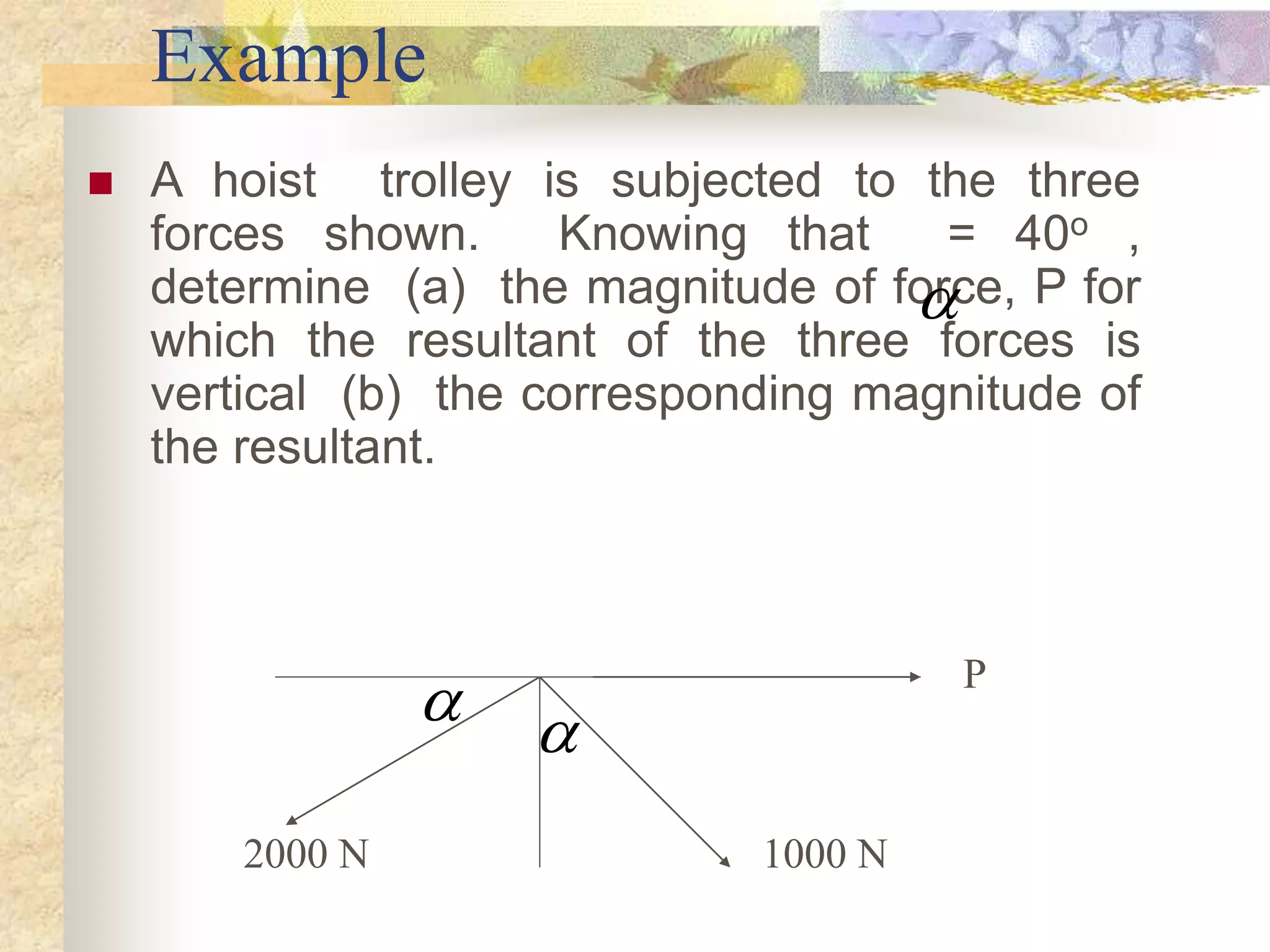 Example
 A hoist trolley is subjected to the three
forces shown. Knowing that = 40o ,
determine (a) the magnitude of force, P for
which the resultant of the three forces is
vertical (b) the corresponding magnitude of
the resultant.

1000 N
P
2000 N
 
 