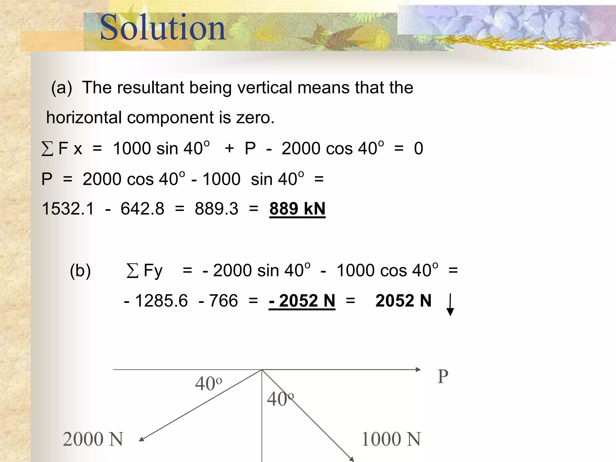Solution
1000 N
P
2000 N
40o
40o
(a) The resultant being vertical means that the
horizontal component is zero.
 F x = 1000 sin 40o
+ P - 2000 cos 40o
= 0
P = 2000 cos 40o
- 1000 sin 40o
=
1532.1 - 642.8 = 889.3 = 889 kN
(b)  Fy = - 2000 sin 40o
- 1000 cos 40o
=
- 1285.6 - 766 = - 2052 N = 2052 N
 