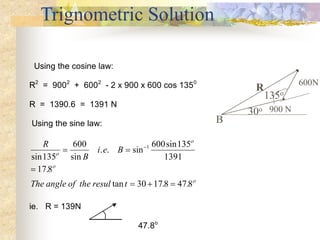 Trignometric Solution
Using the cosine law:
R2
= 9002
+ 6002
- 2 x 900 x 600 cos 1350
R = 1390.6 = 1391 N
Using the sine l...