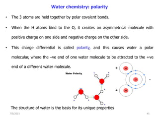 Water chemistry: polarity
• The 3 atoms are held together by polar covalent bonds.
• When the H atoms bind to the O, it creates an asymmetrical molecule with
positive charge on one side and negative charge on the other side.
• This charge differential is called polarity, and this causes water a polar
molecular, where the –ve end of one water molecule to be attracted to the +ve
end of a different water molecule.
7/3/2023 45
The structure of water is the basis for its unique properties
 