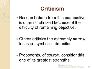 Criticism
 Research done from this perspective
is often scrutinized because of the
difficulty of remaining objective.
 O...