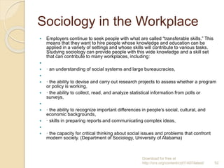 Sociology in the Workplace
 Employers continue to seek people with what are called “transferable skills.” This
means that...