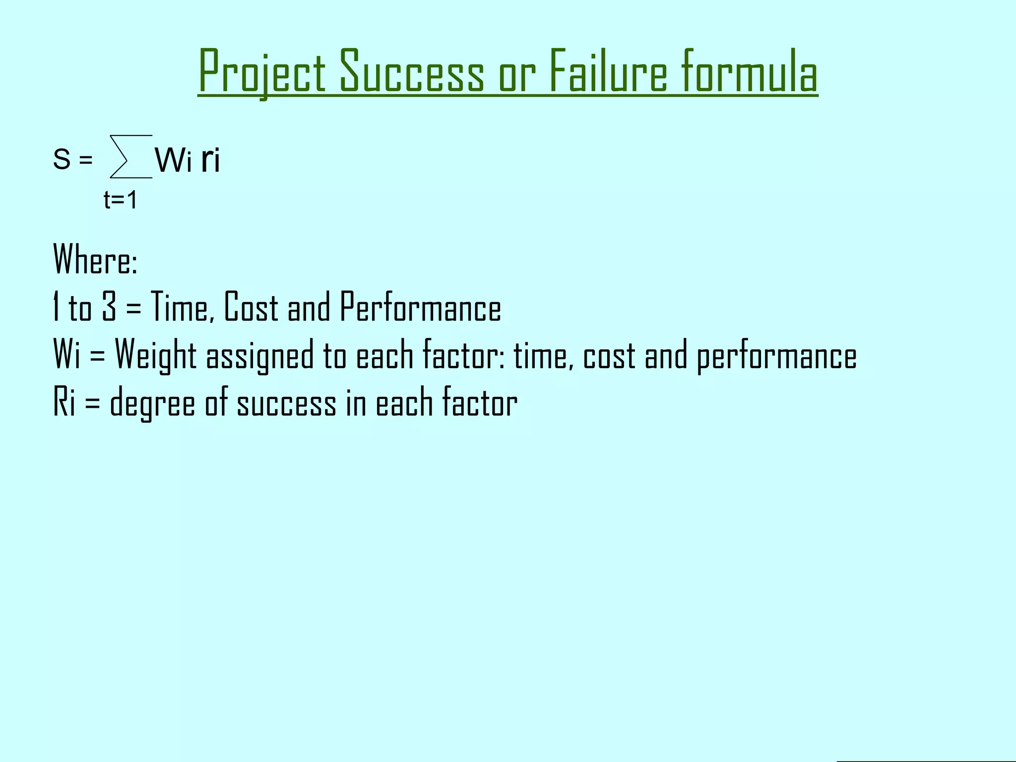 Project Success or Failure formula S  =  W i  r i t=1 Where: 1 to 3 = Time, Cost and Performance Wi = Weight assigned to each factor: time, cost and performance Ri = degree of success in each factor 