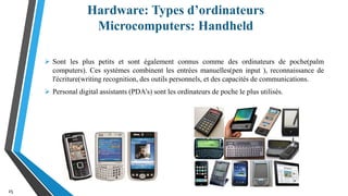 Hardware: Types d’ordinateurs
Microcomputers: Handheld
25
 Sont les plus petits et sont également connus comme des ordinateurs de poche(palm
computers). Ces systèmes combinent les entrées manuelles(pen input ), reconnaissance de
l'écriture(writing recognition, des outils personnels, et des capacités de communications.
 Personal digital assistants (PDA’s) sont les ordinateurs de poche le plus utilisés.
 