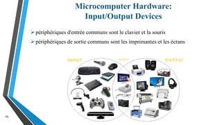 Microcomputer Hardware:
Input/Output Devices
29
périphériques d'entrée communs sont le clavier et la souris
périphériques de sortie communs sont les imprimantes et les écrans
 