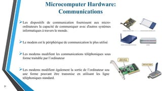 Microcomputer Hardware:
Communications
31
Les dispositifs de communication fournissent aux micro-
ordinateurs la capacité de communiquer avec d'autres systèmes
informatiques à travers le monde.
Le modem est le périphérique de communication le plus utilisé
Les modems modifient les communications téléphoniques sous
forme traitable par l’ordinateur
Les modems modifient également la sortie de l’ordinateur sous
une forme pouvant être transmise en utilisant les lignes
téléphoniques standard.
 