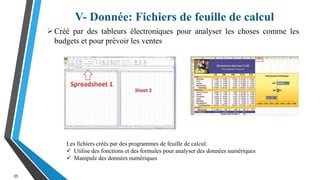 V- Donnée: Fichiers de feuille de calcul
35
Créé par des tableurs électroniques pour analyser les choses comme les
budgets et pour prévoir les ventes
Les fichiers créés par des programmes de feuille de calcul:
 Utilise des fonctions et des formules pour analyser des données numériques
 Manipule des données numériques
 