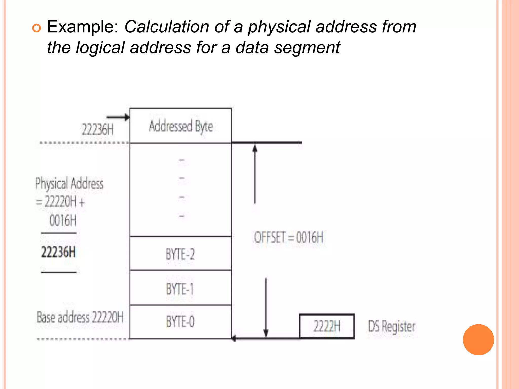  Example: Calculation of a physical address from
the logical address for a data segment
 