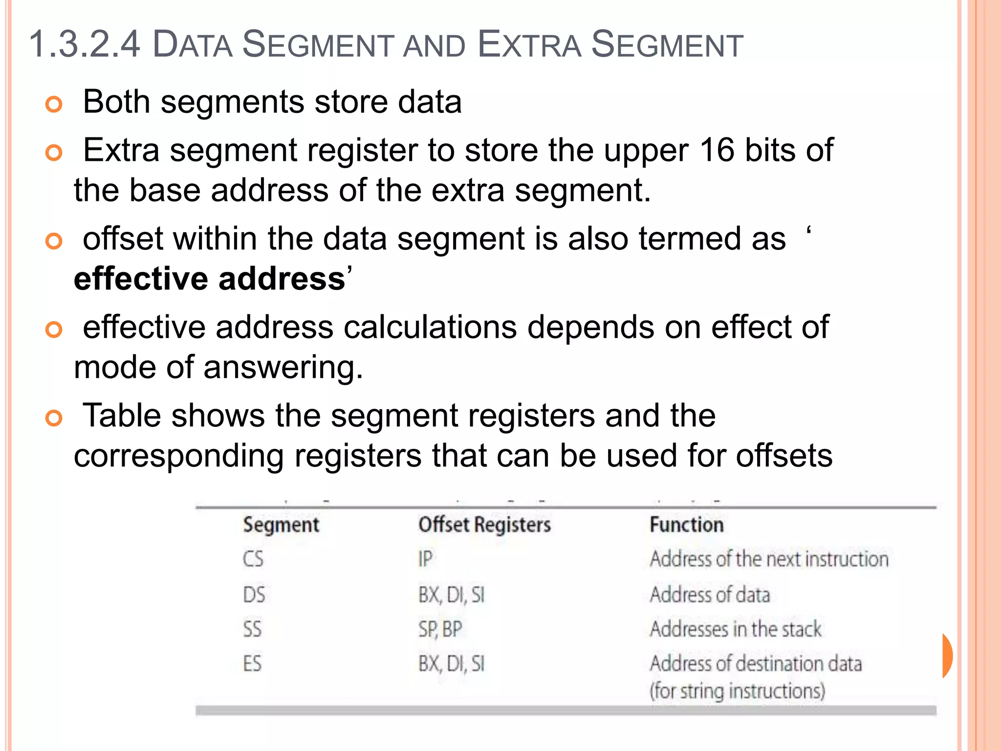  Both segments store data
 Extra segment register to store the upper 16 bits of
the base address of the extra segment.
 offset within the data segment is also termed as ‘
effective address’
 effective address calculations depends on effect of
mode of answering.
 Table shows the segment registers and the
corresponding registers that can be used for offsets
1.3.2.4 DATA SEGMENT AND EXTRA SEGMENT
 