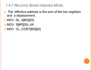 1.4.7 RELATIVE BASED INDEXED MODE
 The ‘effective address is the sum of the two registers
and a displacement .
 MOV DL ,5[BX][DI]
 MOV 5[BP][SI], AX
 MOV CL ,COST[BX[[SI]
 